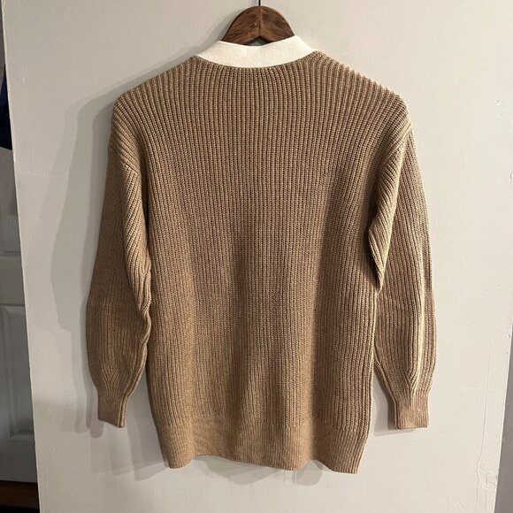 LOFT Women's Tan & Ivory Trim Button Down Tipped Boyfriend Cardigan Size XS NEW - Picture 2 of 6